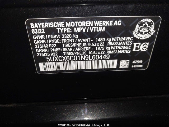 5UXCX6C01N9L60449 BMW X7 M50i