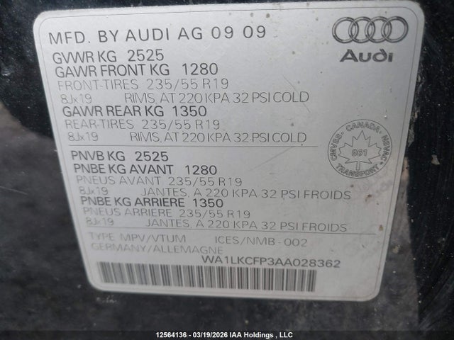 Aukcja sprzedaży 2010 Audi Q5 Premium Plus, vin: WA1LKCFP3AA028362, numer aukcji: 12564136