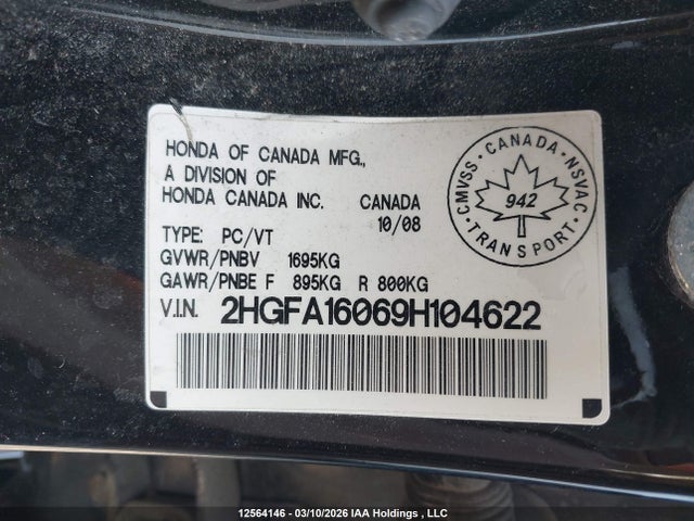 2009 Honda Civic Exl მანქანა იყიდება აუქციონზე, vin: 2HGFA16069H104622, აუქციონის ნომერი: 12564146