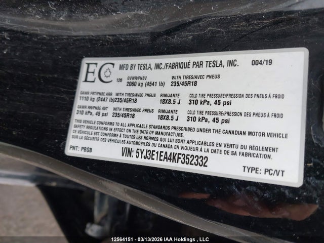 Aukcja sprzedaży 2019 Tesla Model 3, vin: 5YJ3E1EA4KF352332, numer aukcji: 12564151