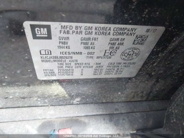 12564153 :رقم المزاد ، KL4CJASB8JB526228 vin ، 2018 Buick Encore مزاد بيع