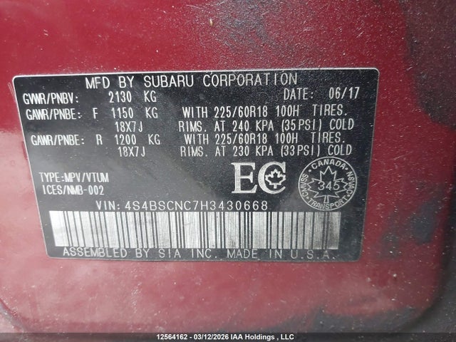 4S4BSCNC7H3430668 Subaru Outback 2.5i Limited