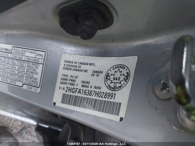 Aukcja sprzedaży 2007 Honda Civic Dx, vin: 2HGFA16387H028991, numer aukcji: 12564167