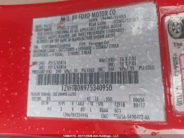 Aukcja sprzedaży 2007 Ford Mustang, vin: 1ZVFT80N975340950, numer aukcji: 12564174