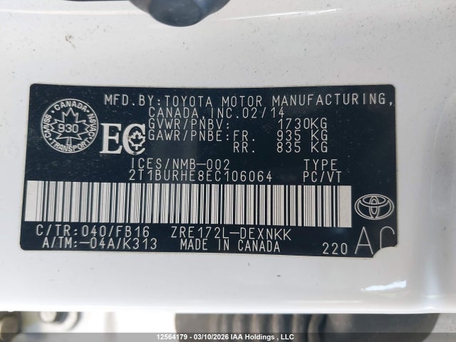 2T1BURHE8EC106064 Toyota Corolla L/le/le Pls/prm/s/s Pls