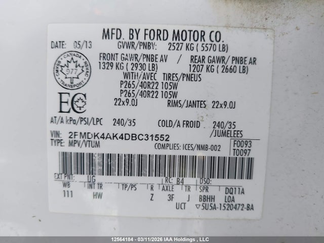 Aukcja sprzedaży 2013 Ford Edge Sport, vin: 2FMDK4AK4DBC31552, numer aukcji: 12564184