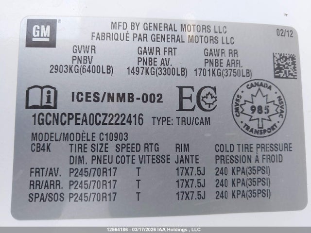 Aukcja sprzedaży 2012 Chevrolet Silverado C1500, vin: 1GCNCPEA0CZ222416, numer aukcji: 12564186