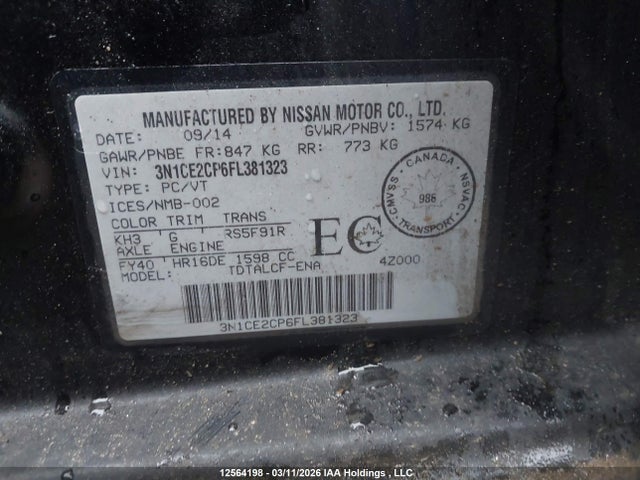 2015 Nissan Versa Note S/s Plus/sv/sl/sr მანქანა იყიდება აუქციონზე, vin: 3N1CE2CP6FL381323, აუქციონის ნომერი: 12564198