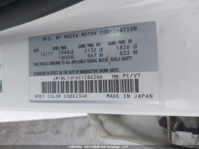 Aukcja sprzedaży 2012 Mazda 3 I, vin: JM1BL1UF6C1586366, numer aukcji: 12564202