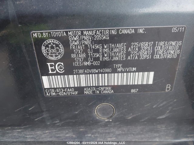 Aukcja sprzedaży 2011 Toyota Rav4, vin: 2T3BF4DV8BW140980, numer aukcji: 12564204