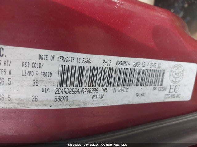 12564206 :رقم المزاد ، 2C4RDGBG4HR706999 vin ، 2017 Dodge Grand Caravan Se مزاد بيع