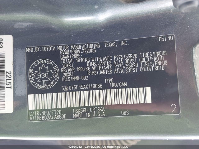 Aukcja sprzedaży 2010 Toyota Tundra Double Cab Sr5, vin: 5TFUY5F15AX149066, numer aukcji: 12564212
