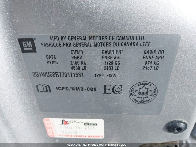 2007 Chevrolet Impala Ltz მანქანა იყიდება აუქციონზე, vin: 2G1WU58R779171531, აუქციონის ნომერი: 12564216