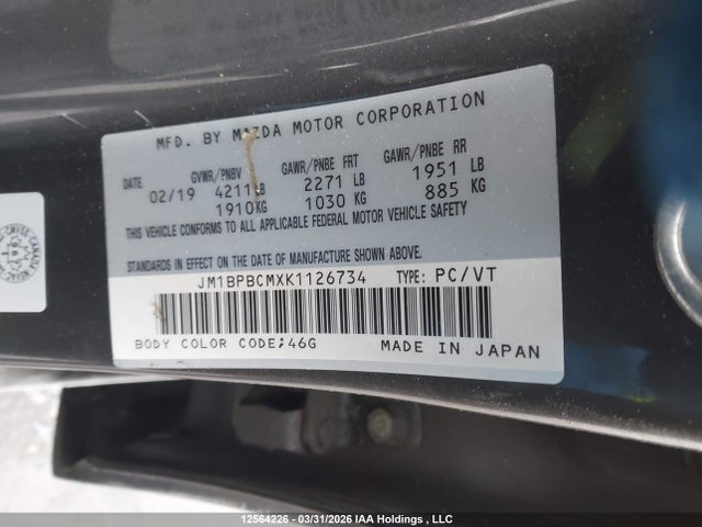Продажа на аукционе авто 2019 Mazda Mazda3 Gs, vin: JM1BPBCMXK1126734, номер лота: 12564226