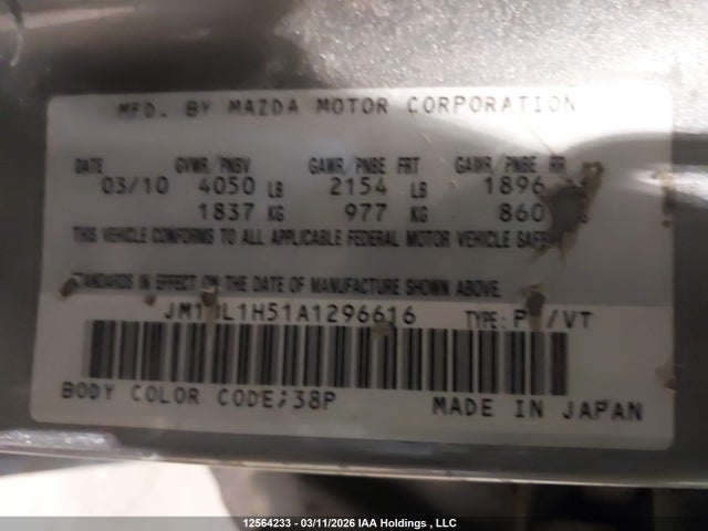 Aukcja sprzedaży 2010 Mazda 3 S, vin: JM1BL1H51A1296616, numer aukcji: 12564233