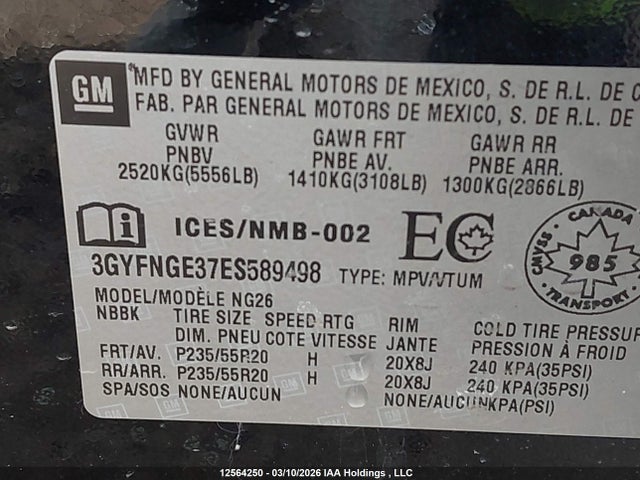 3GYFNGE37ES589498 Cadillac Srx Premium Collection