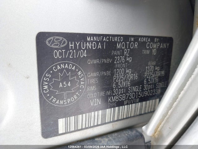 Продаж на аукціоні авто 2005 Hyundai Santa Fe Gl, vin: KM8SB73D15U902338, номер лоту: 12564261