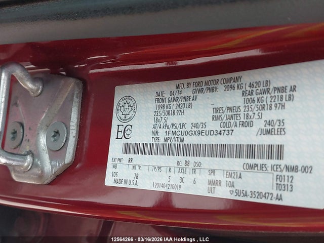 2014 Ford Escape Se მანქანა იყიდება აუქციონზე, vin: 1FMCU0GX9EUD34737, აუქციონის ნომერი: 12564266