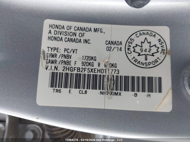 Продажа на аукционе авто 2014 Honda Civic Ex, vin: 2HGFB2F5XEH011773, номер лота: 12564276