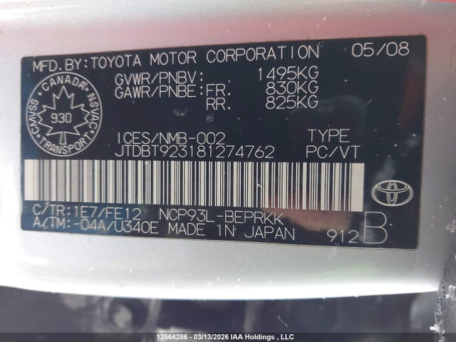 Продажа на аукционе авто 2008 Toyota Yaris, vin: JTDBT923181274762, номер лота: 12564286