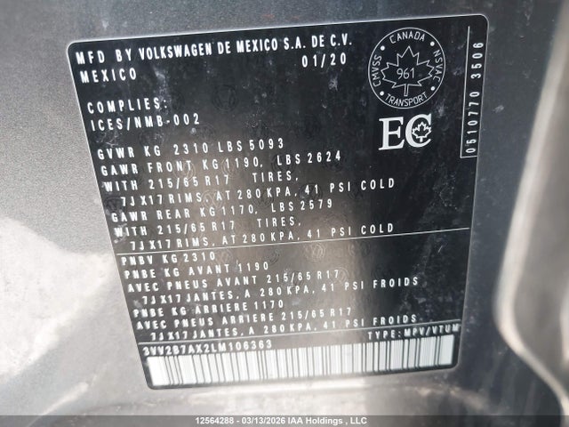 Продажа на аукционе авто 2020 Volkswagen Tiguan Comfortline/iq Drive, vin: 3VV2B7AX2LM106363, номер лота: 12564288