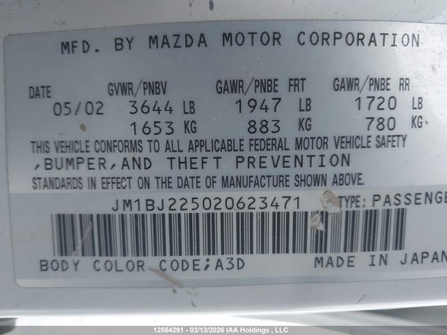 12564291 :رقم المزاد ، JM1BJ225020623471 vin ، 2002 Mazda Protege Dx/lx/es مزاد بيع