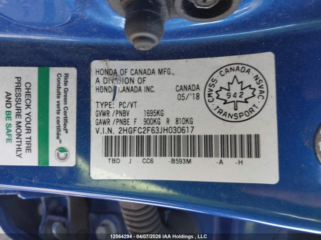 Aukcja sprzedaży 2018 Honda Civic Se, vin: 2HGFC2F63JH030617, numer aukcji: 12564294