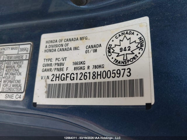 Aukcja sprzedaży 2008 Honda Civic Lx, vin: 2HGFG12618H005973, numer aukcji: 12564311