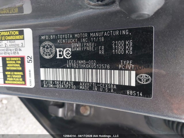 4T1B21HK6KU512576 Toyota Camry Hybrid Se