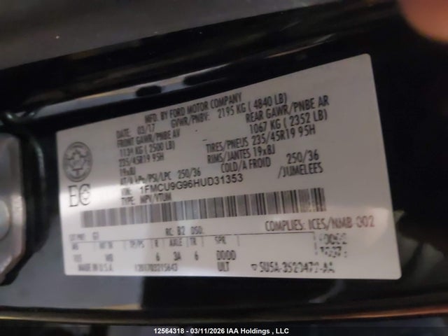 12564318 :رقم المزاد ، 1FMCU9G96HUD31353 vin ، 2017 Ford Escape Se مزاد بيع