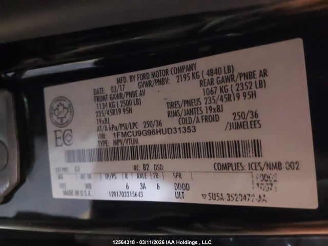 12564318 :رقم المزاد ، 1FMCU9G96HUD31353 vin ، 2017 Ford Escape Se مزاد بيع