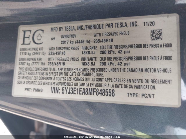 Продажа на аукционе авто 2021 Tesla Model 3 Standard Range/standard Range Plus, vin: 5YJ3E1EA8MF848558, номер лота: 12564328