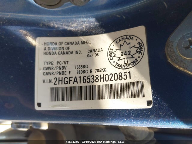 Продажа на аукционе авто 2008 Honda Civic Lx, vin: 2HGFA16538H020851, номер лота: 12564346