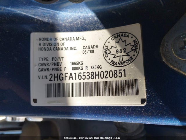 Продажа на аукционе авто 2008 Honda Civic Lx, vin: 2HGFA16538H020851, номер лота: 12564346