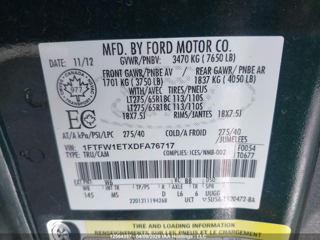 Aukcja sprzedaży 2013 Ford F-series, vin: 1FTFW1ETXDFA76717, numer aukcji: 12564357