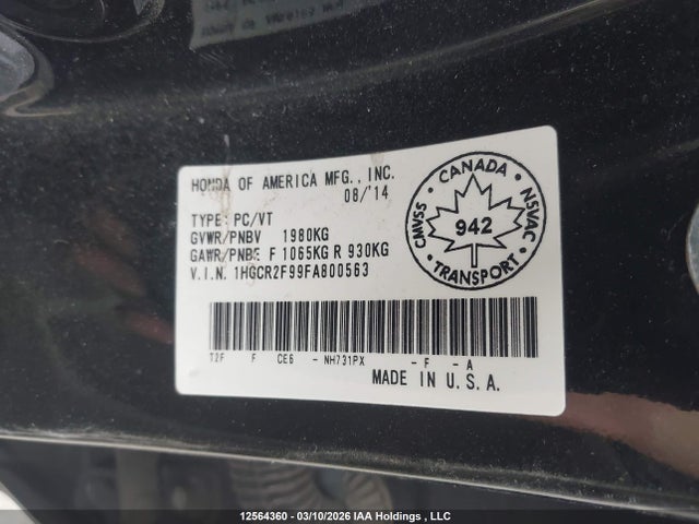 1HGCR2F99FA800563 Honda Accord Touring