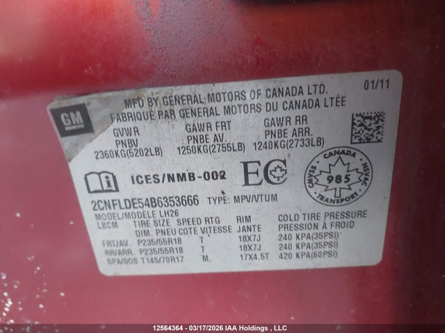 Продаж на аукціоні авто 2011 Chevrolet Equinox Lt, vin: 2CNFLDE54B6353666, номер лоту: 12564364