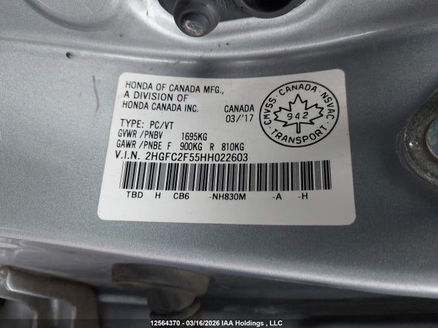 12564370 :رقم المزاد ، 2HGFC2F55HH022603 vin ، 2017 Honda Civic Lx مزاد بيع