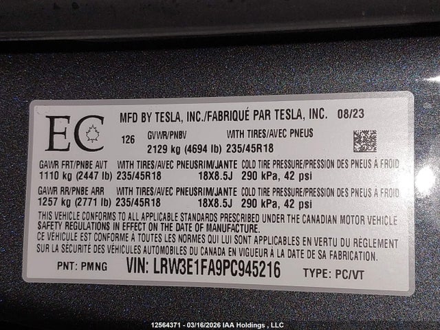 Продаж на аукціоні авто 2023 Tesla Model 3 Rwd, vin: LRW3E1FA9PC945216, номер лоту: 12564371