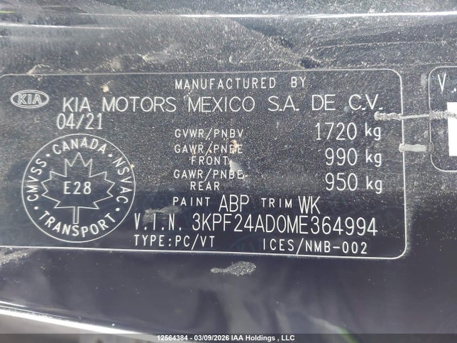 2021 Kia Forte მანქანა იყიდება აუქციონზე, vin: 3KPF24AD0ME364994, აუქციონის ნომერი: 12564384