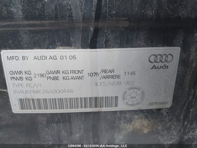 Aukcja sprzedaży 2006 Audi A4 2.0t Avant Quattro, vin: WAUKF68E26A000446, numer aukcji: 12564396
