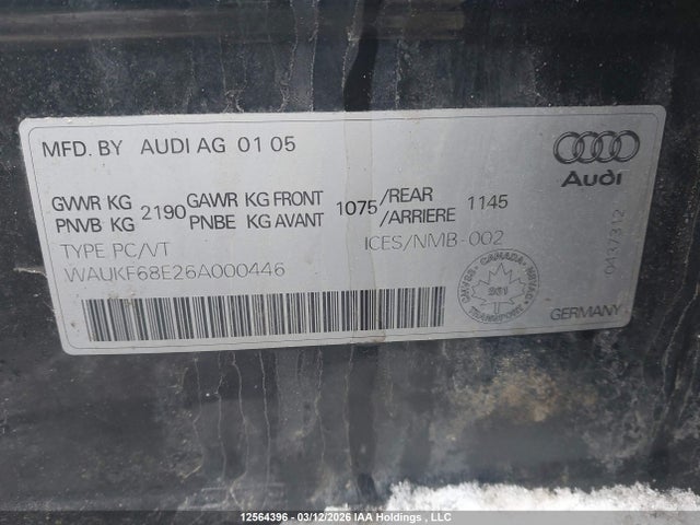 Aukcja sprzedaży 2006 Audi A4 2.0t Avant Quattro, vin: WAUKF68E26A000446, numer aukcji: 12564396