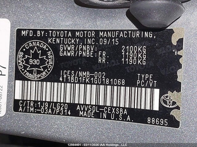 4T1BD1FK1GU181068 Toyota Camry