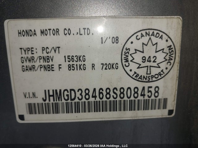 2008 Honda Fit მანქანა იყიდება აუქციონზე, vin: JHMGD38468S808458, აუქციონის ნომერი: 12564410