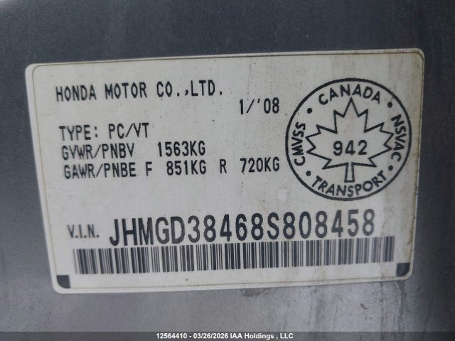 2008 Honda Fit მანქანა იყიდება აუქციონზე, vin: JHMGD38468S808458, აუქციონის ნომერი: 12564410