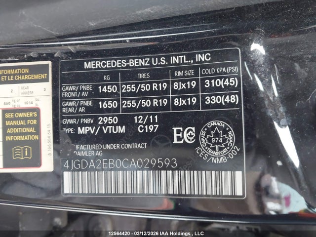 Aukcja sprzedaży 2012 Mercedes-benz Ml 350 Bluetec 4matic, vin: 4JGDA2EB0CA029593, numer aukcji: 12564420