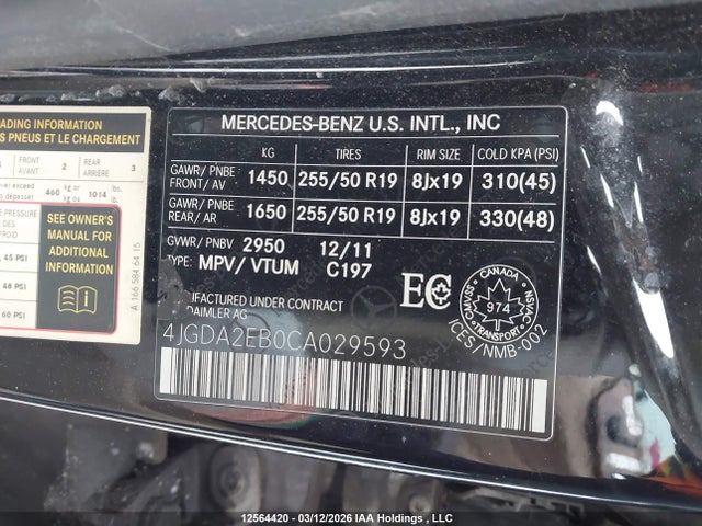 Aukcja sprzedaży 2012 Mercedes-benz Ml 350 Bluetec 4matic, vin: 4JGDA2EB0CA029593, numer aukcji: 12564420