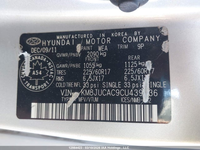 12564423 :رقم المزاد ، KM8JUCAC9CU439936 vin ، 2012 Hyundai Tucson Gls/limited مزاد بيع