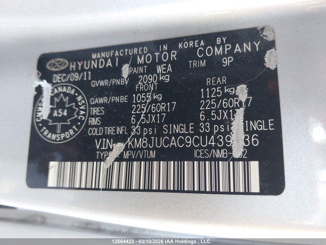 12564423 :رقم المزاد ، KM8JUCAC9CU439936 vin ، 2012 Hyundai Tucson Gls/limited مزاد بيع