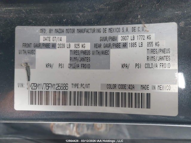 3MZBM1V76FM125886 Mazda Mazda3 Gs